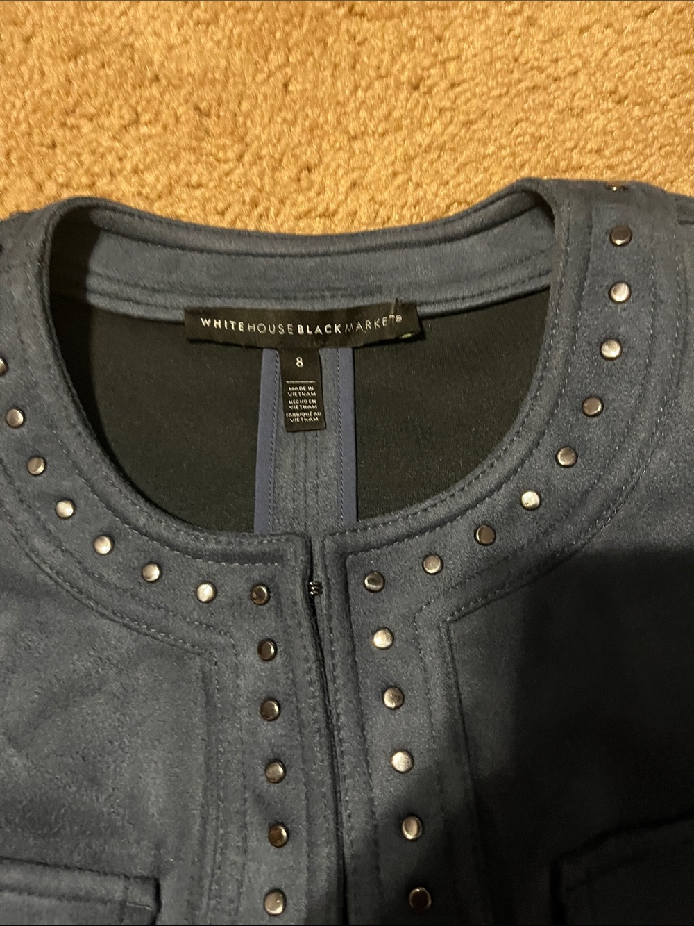 White House Black Market Navy Suede-Look Stud Trim Jacket & Dress Set - Picture 3 of 9